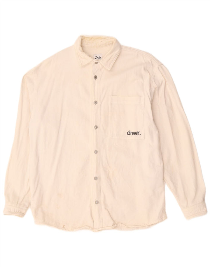 Zara Mens Graphic Relaxed Fit Denim Shirt Medium White Cotton