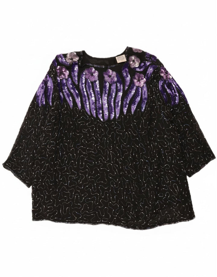 Vintage Womens Evening Sequin 3/4 Sleeve Blouse Top EU 52 2XL Black Floral