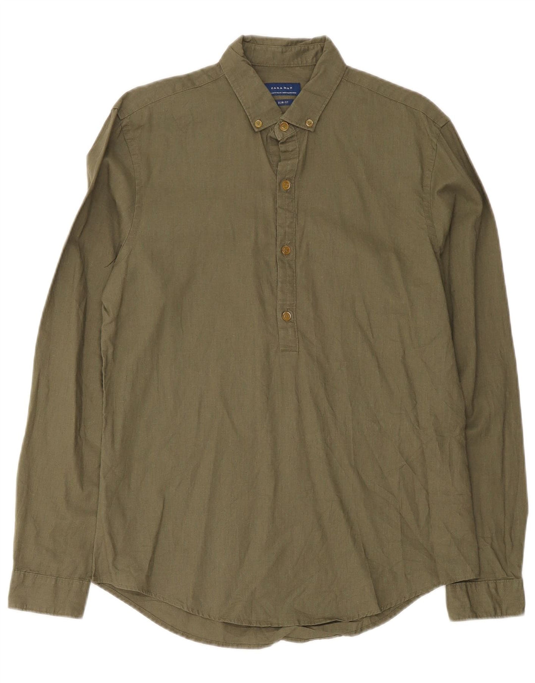 Zara Mens Slim Fit Pullover Shirt Medium Khaki Linen