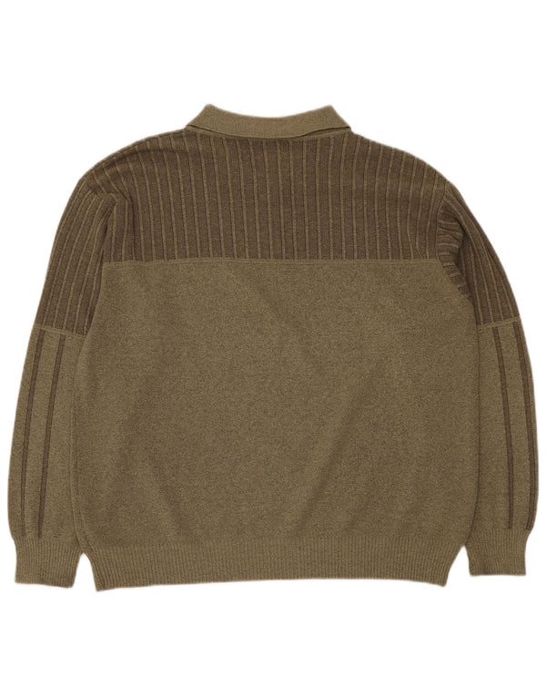 BREIDHOF Mens Polo Neck Jumper Sweater Large Khaki Striped Polyacrylic