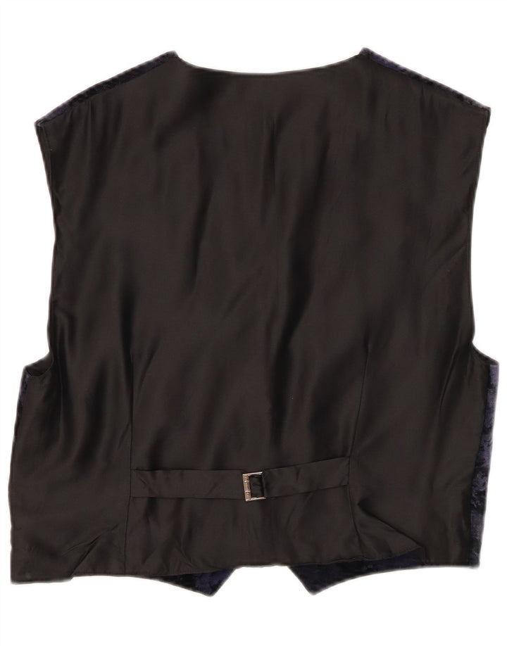 VINTAGE Womens Abstract Pattern Velvet Waistcoat UK 14 Medium Navy Blue