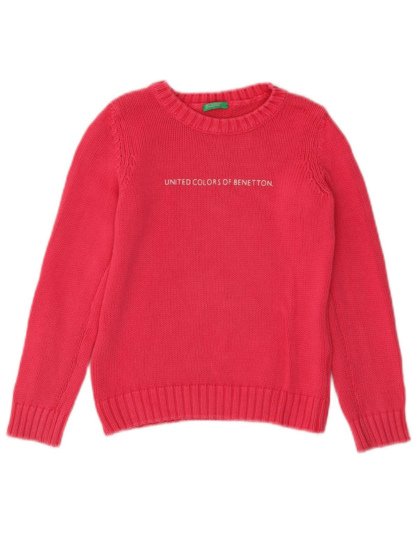 BENETTON Girls Graphic Crew Neck Jumper Sweater 5-6 Years Small Pink