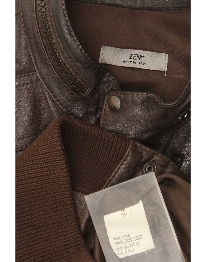 Zen Mens Bomber Leather Jacket Size 50 Medium Brown Leather