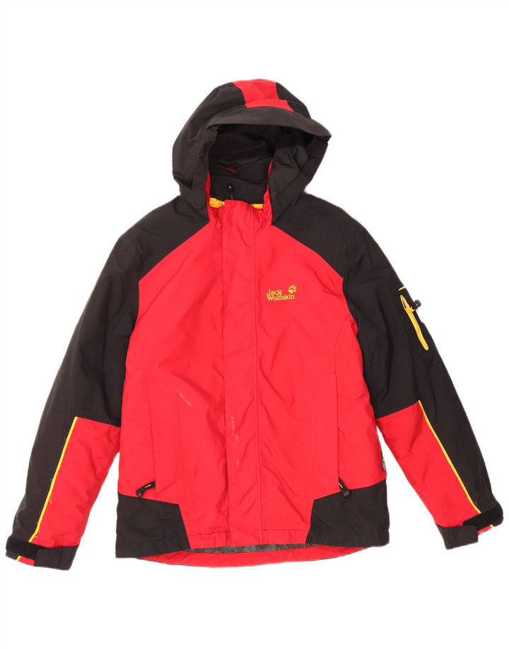JACK WOLFSKIN Boys Graphic Hooded Rain Jacket 11-12 Years Red Colourblock