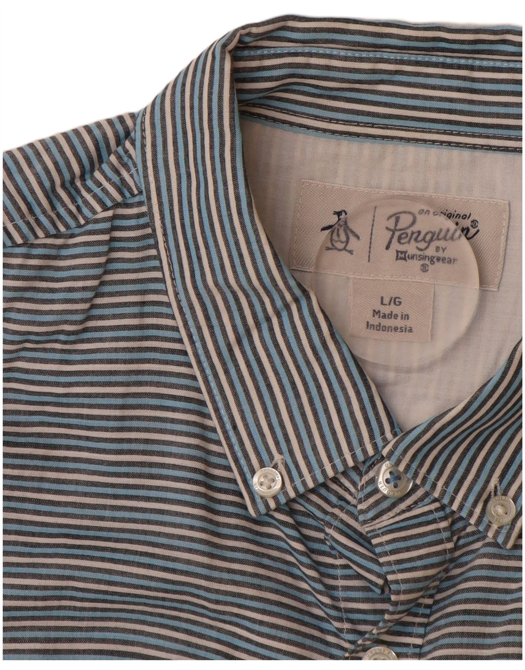 PENGUIN Mens Short Sleeve Shirt Large Blue Pinstripe Cotton