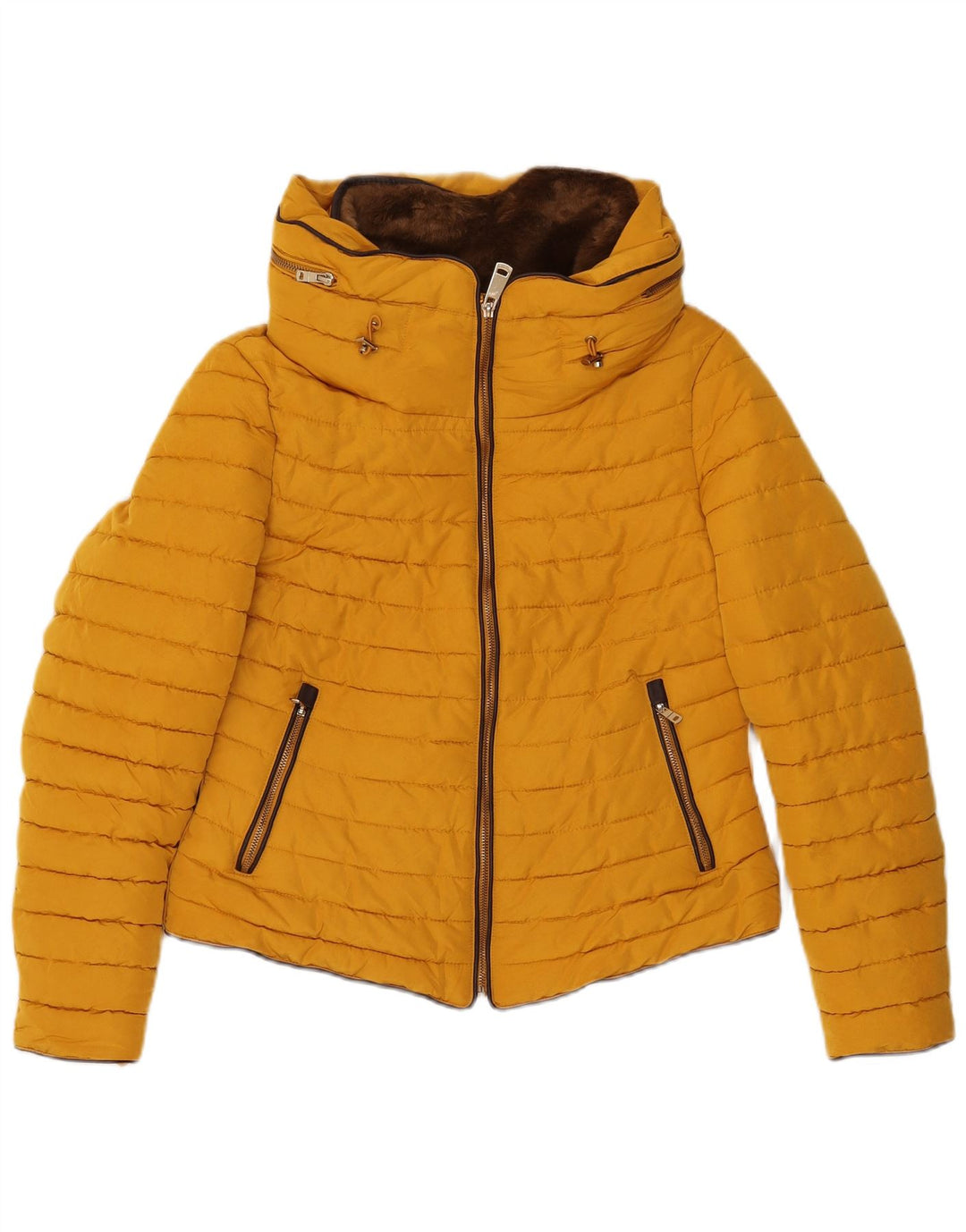 Zara Womens Hooded Crop Padded Jacket UK 14 Large Yellow Polyester