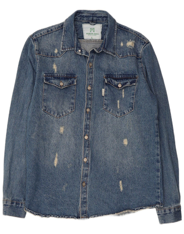 VINTAGE Mens Distressed Denim Shirt Large Blue Cotton