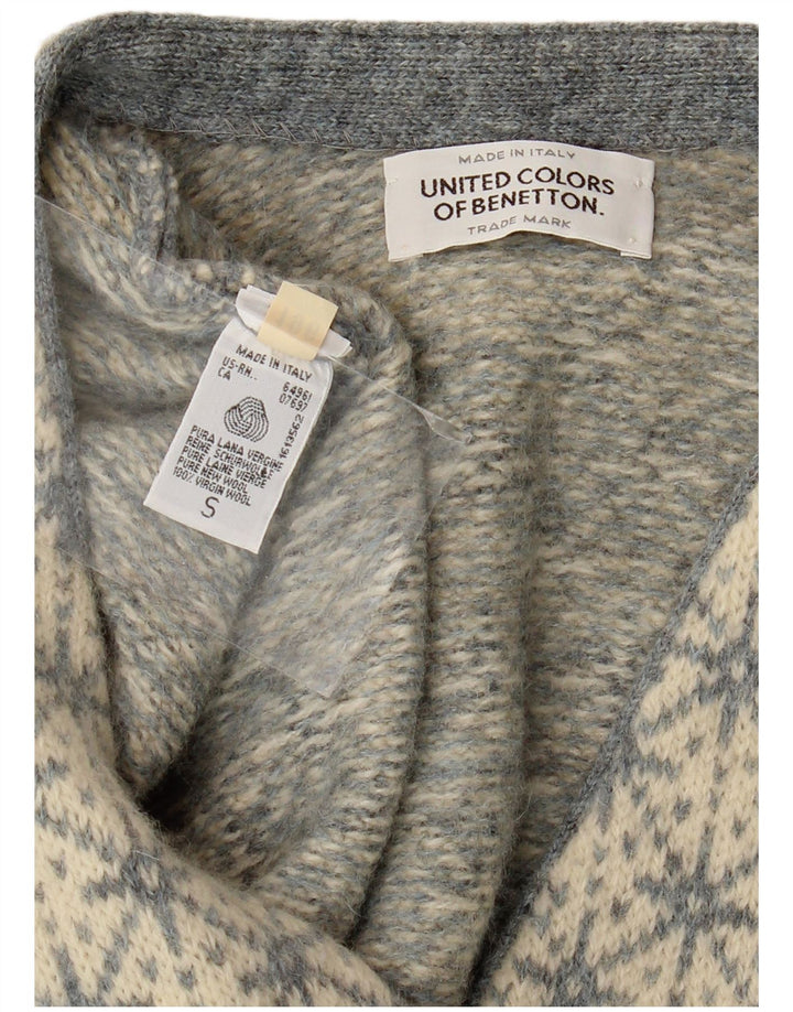 BENETTON Womens Oversized Cardigan Sweater UK 10 Small Grey Fair Isle