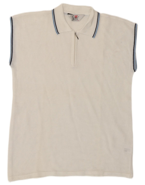 Vintage Womens Sleeveless See Through Polo Shirt UK 14 Medium White Cotton