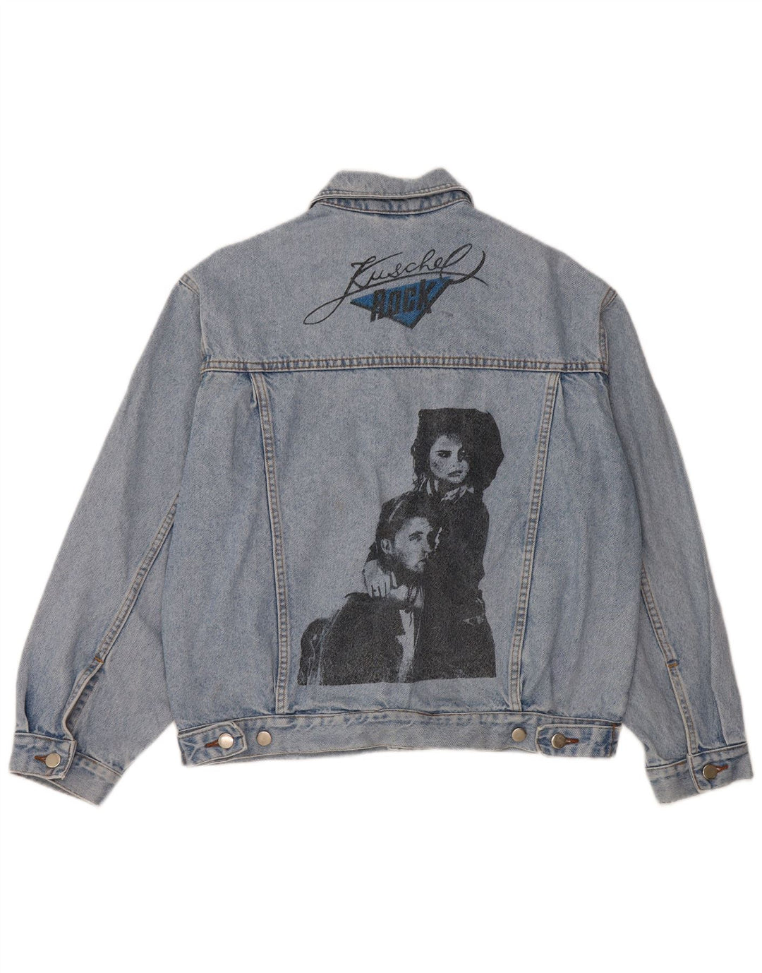 VINTAGE Mens Graphic Denim Jacket UK 36/38 Small Blue Cotton