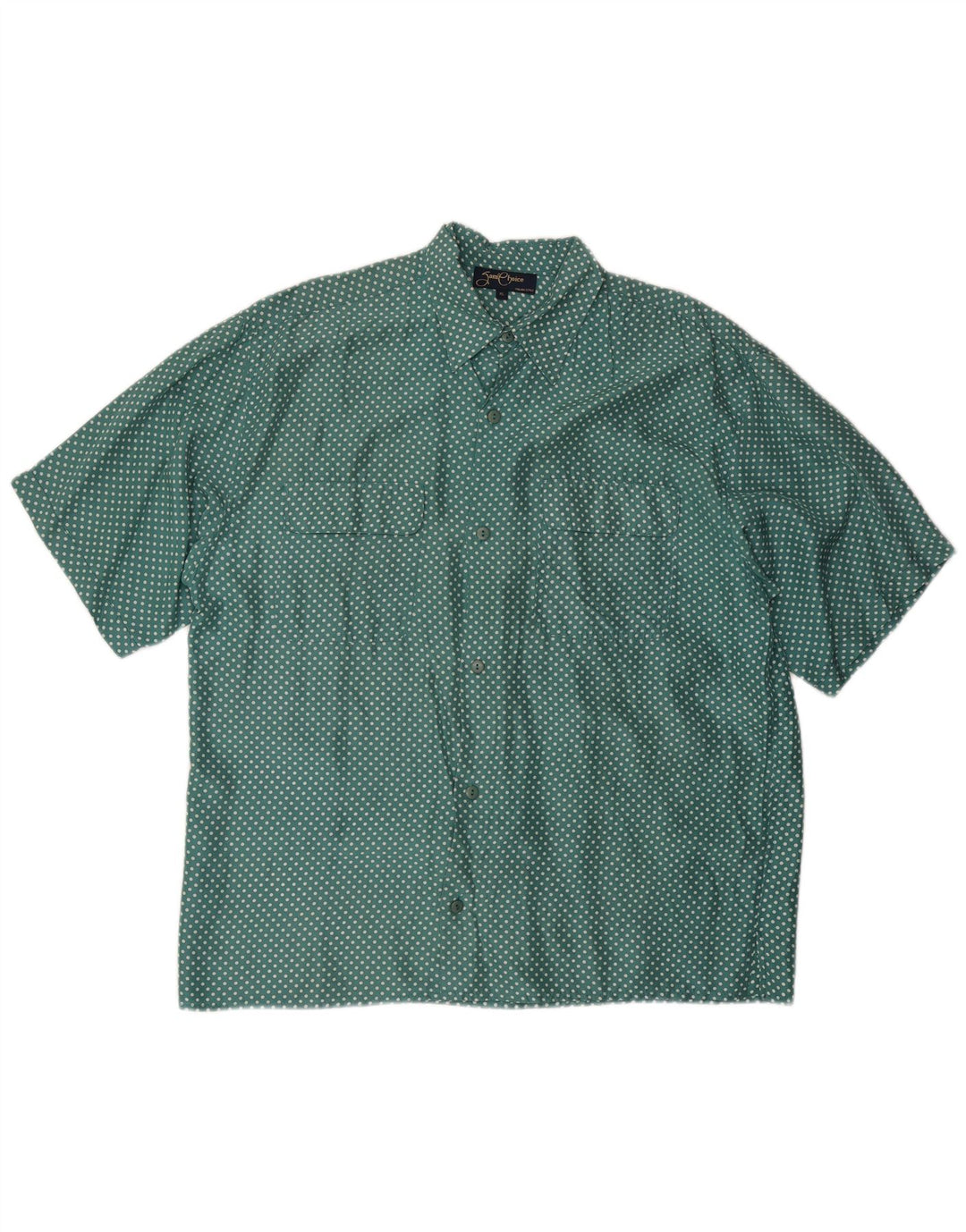 VINTAGE Mens Short Sleeve Shirt XL Green Spotted Silk