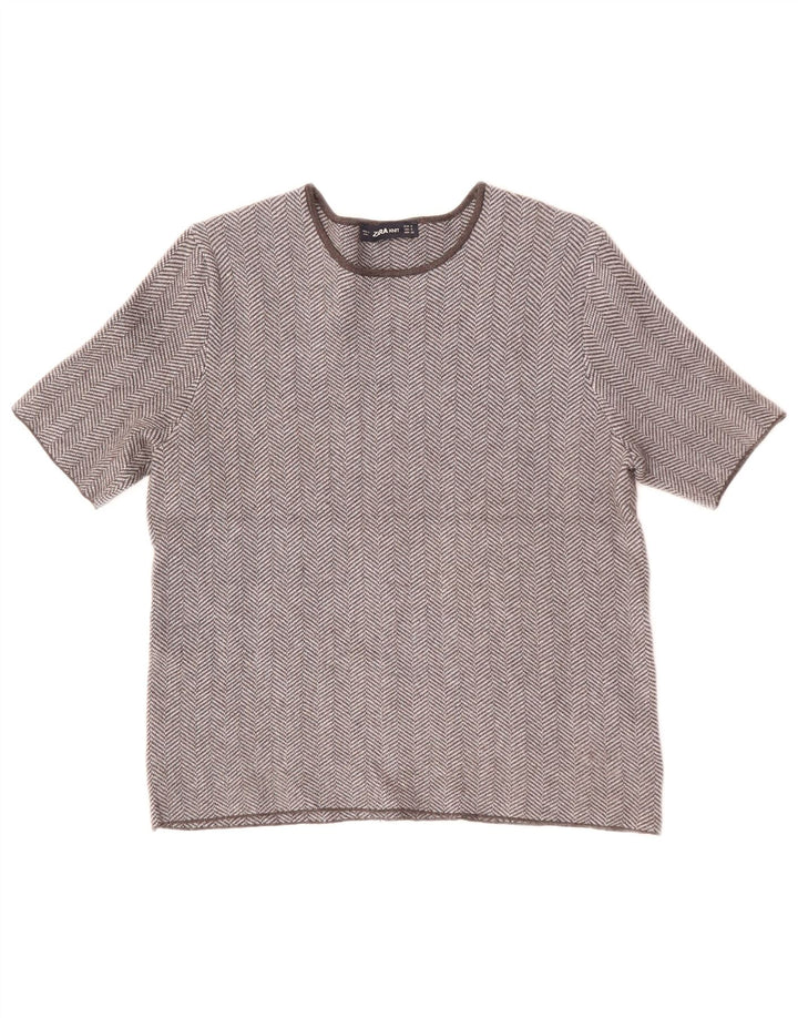 ZARA Womens T-Shirt Top UK 10 Small Grey Herringbone Viscose
