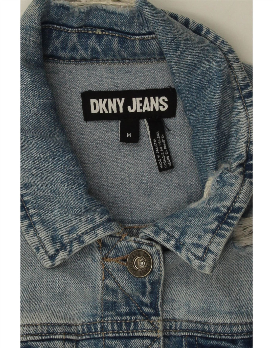 Dkny Womens Crop Distressed Denim Jacket UK 14 Medium Blue Cotton