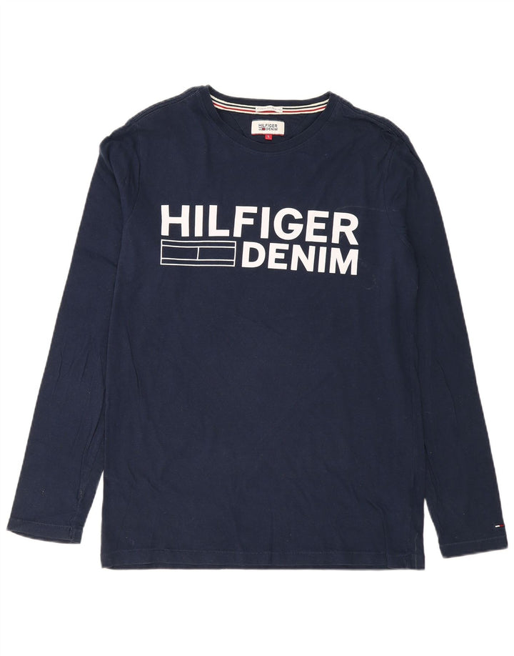 TOMMY HILFIGER Mens Graphic Top Long Sleeve Large Navy Blue Cotton