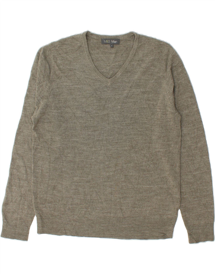 MARKS & SPENCER Mens V-Neck Jumper Sweater Medium Green Acrylic Vintage Marks & Spencer and Second-Hand Marks & Spencer from Messina Hembry 