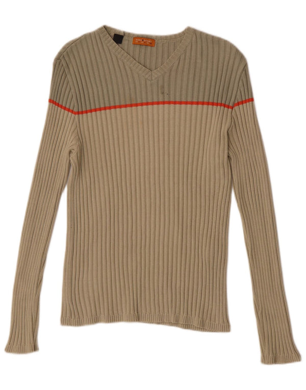 Zara Mens V-Neck Jumper Sweater Medium Beige Colourblock Cotton