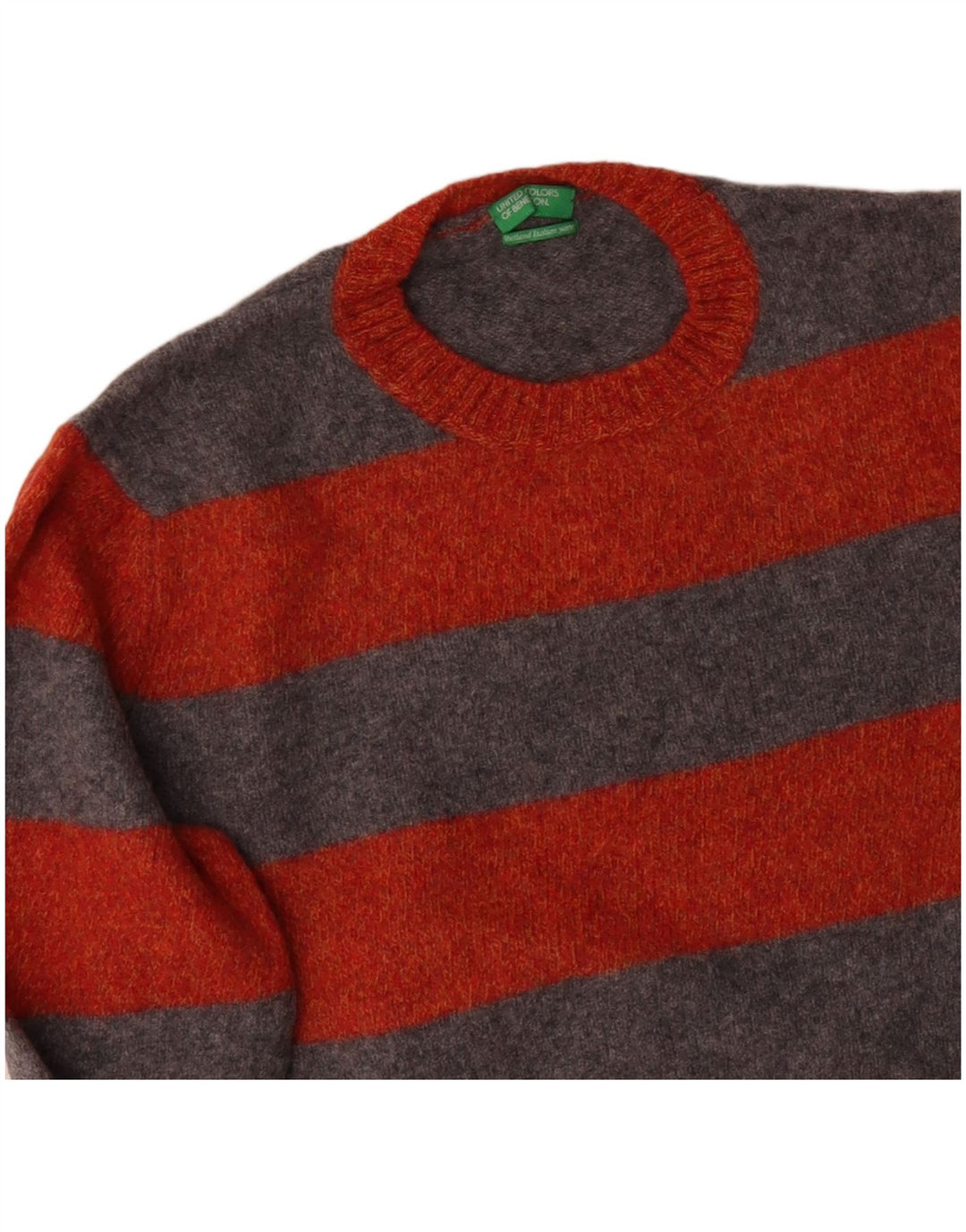 BENETTON Mens Crew Neck Jumper Sweater Small Orange Striped Virgin Wool