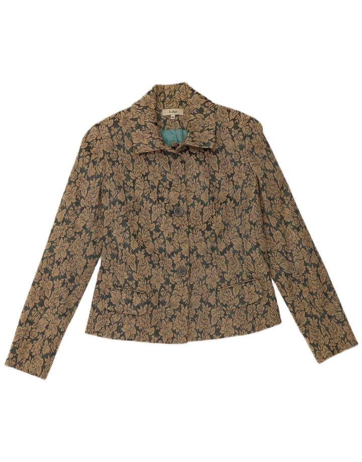 VINTAGE Womens 3 Button Blazer Jacket EU 40 Medium Brown Floral Cotton