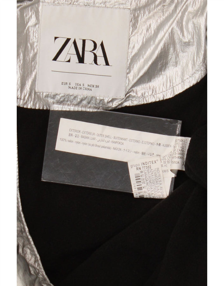 Zara Womens Oversized Graphic Hooded Padded Jacket EU 38 Small Silver Nylon