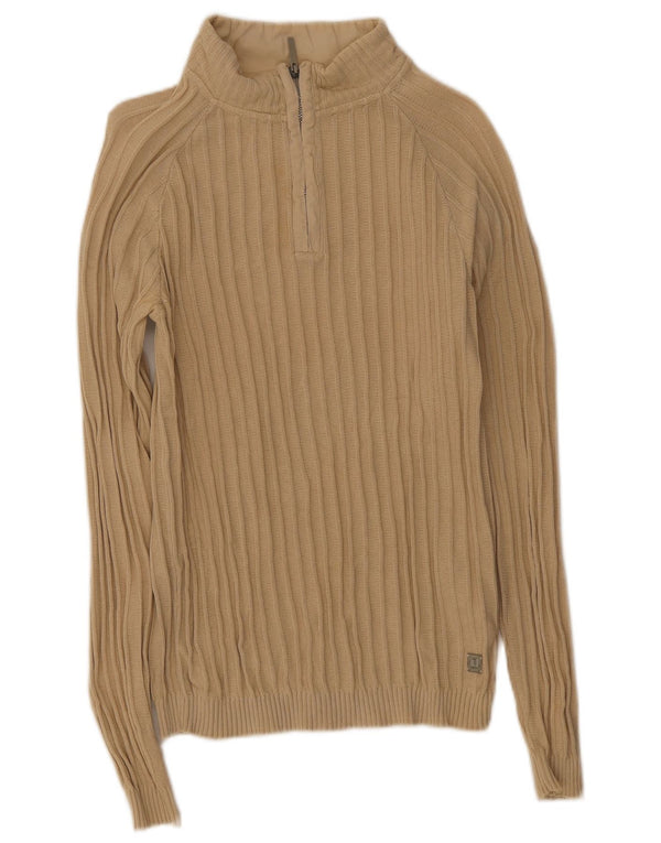 Trussardi Jeans Womens Zip Neck Jumper Sweater UK 16 Large Beige Cotton