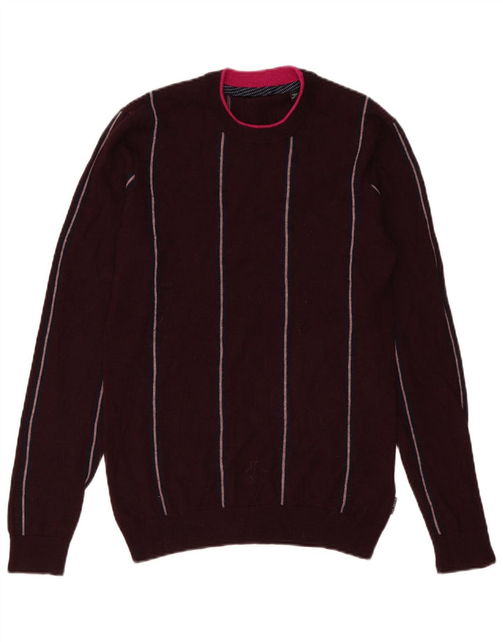 Ted Baker Mens Crew Neck Jumper Sweater Small Burgundy Striped Wool