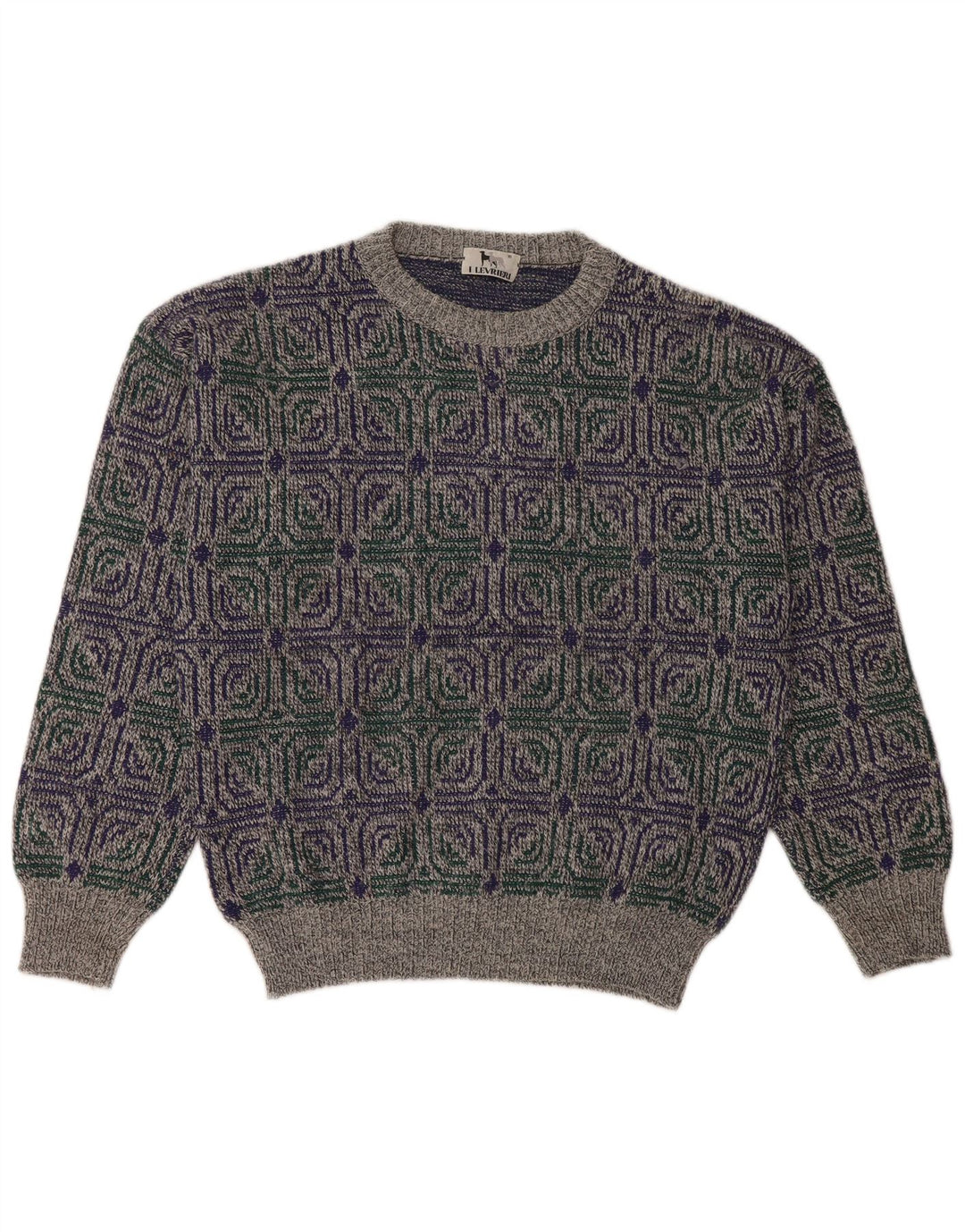 I LEVRIERI Mens Crew Neck Jumper Sweater Medium Grey Geometric Polyacrylic