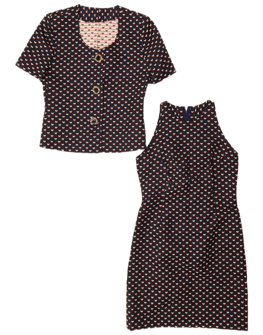 VINTAGE Womens 3 Button 2 Piece Set UK 12 Medium Navy Blue Spotted