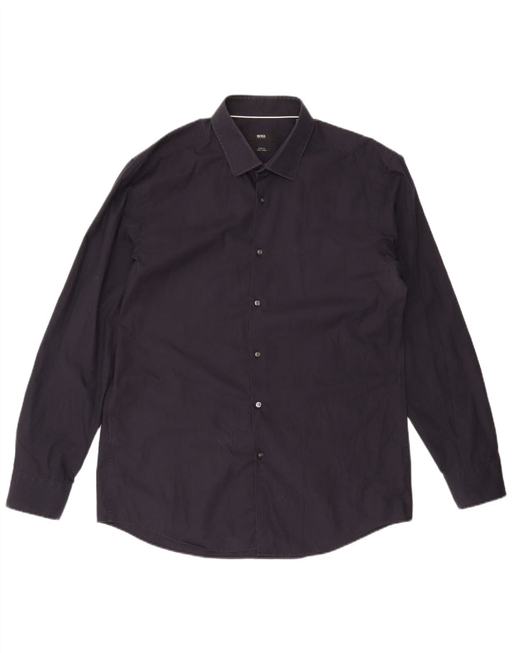 HUGO BOSS Mens Slim Fit Shirt Size 44 17 1/2 XL Navy Blue Cotton