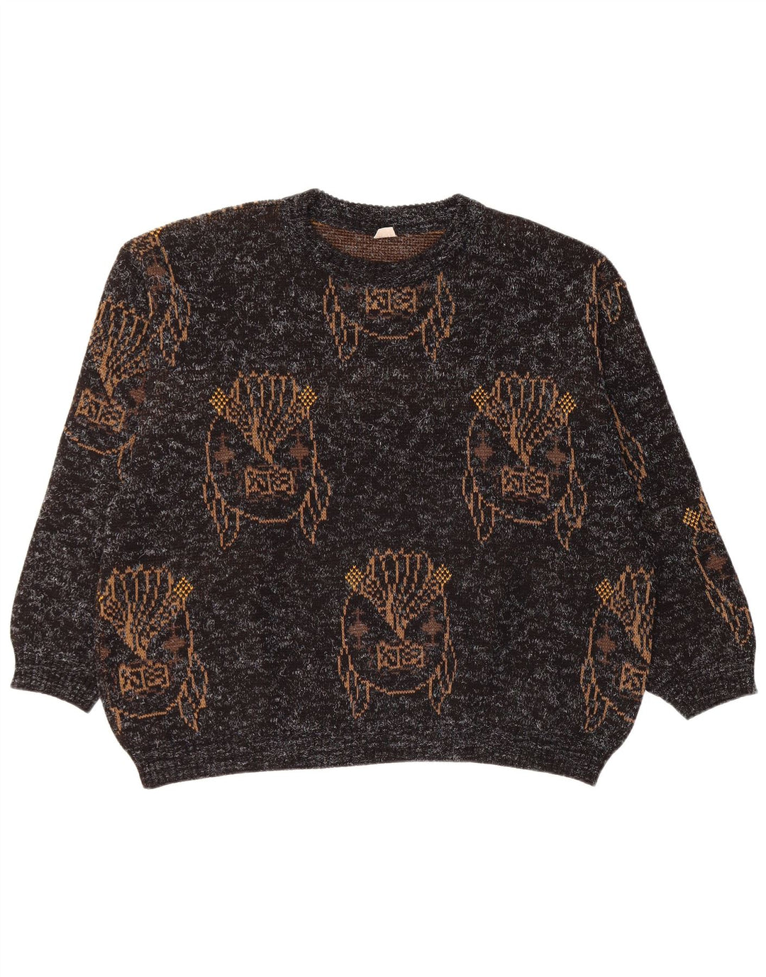 VINTAGE Womens Graphic Crew Neck Jumper Sweater UK 18 XL Black Flecked