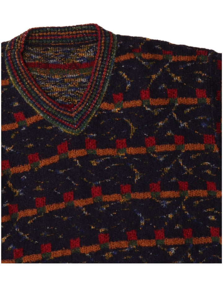 VINTAGE Mens V-Neck Jumper Sweater XL Navy Blue Geometric Wool