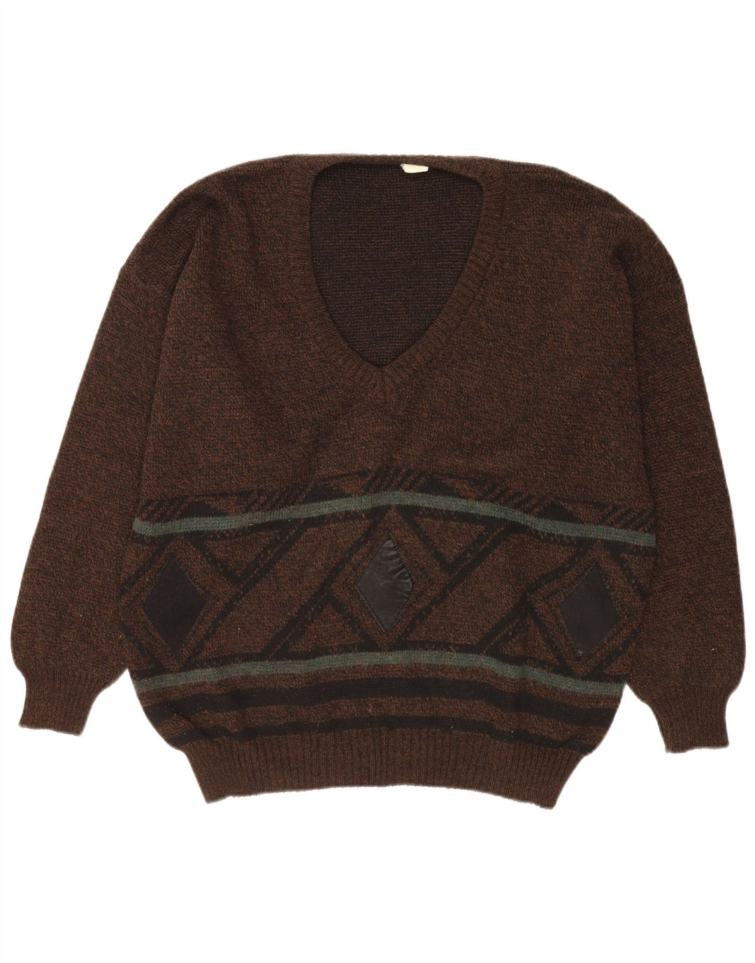 VINTAGE Mens V-Neck Jumper Sweater Large Brown Argyle/Diamond
