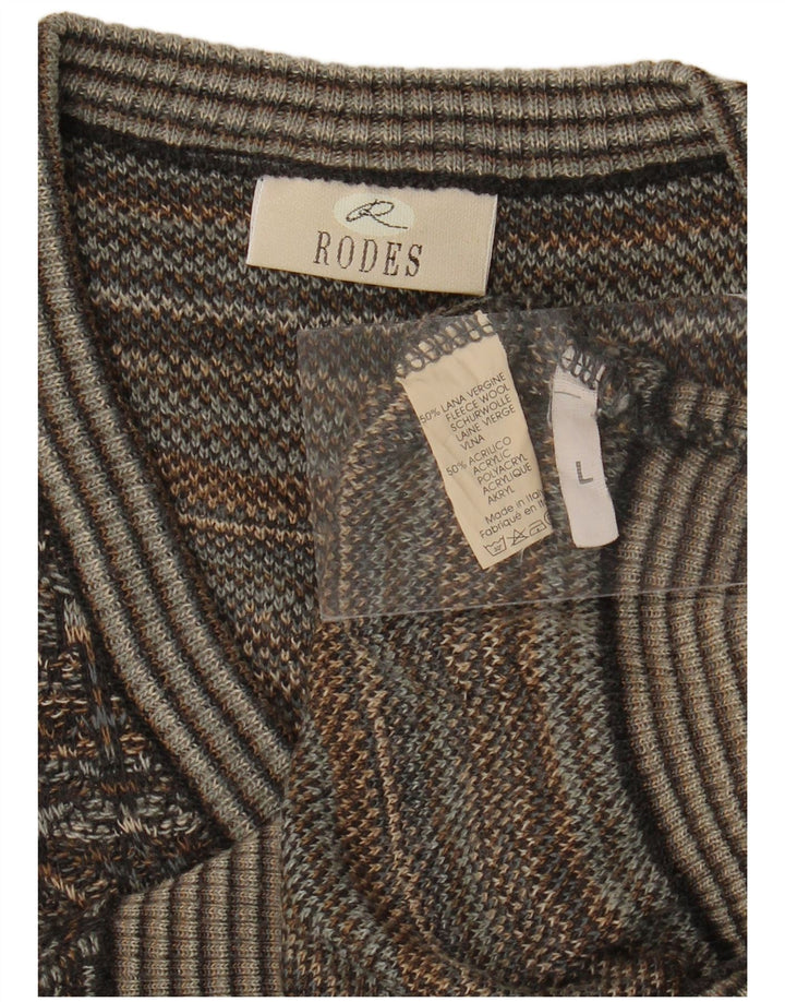 RODES Mens V-Neck Jumper Sweater Large Grey Fair Isle Virgin Wool