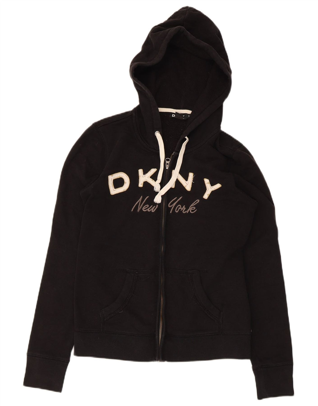 Dkny Womens New York Graphic Zip Hoodie Sweater UK 10 Small Black Cotton