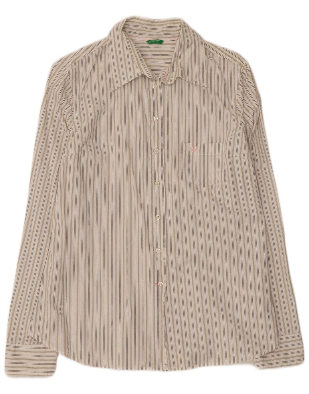 Benetton Womens Shirt UK 14 Large Off White Striped Cotton