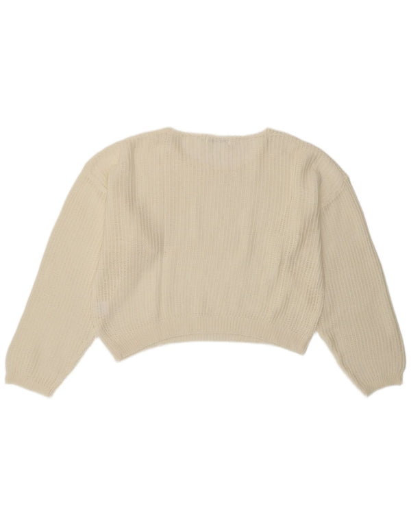VINTAGE Womens Crop Boat Neck Jumper Sweater UK 14 Medium Off White