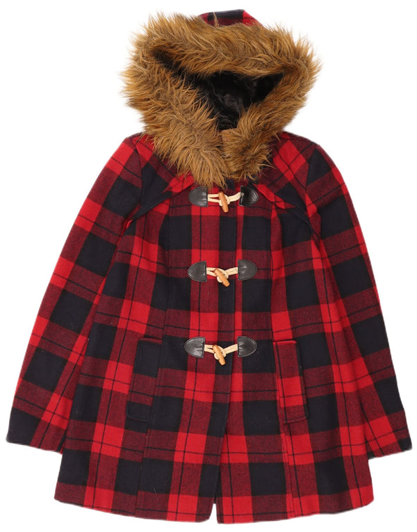 MISS SELFRIDGE Womens Hooded Duffle Jacket UK 6 XS Red Plaid Wool