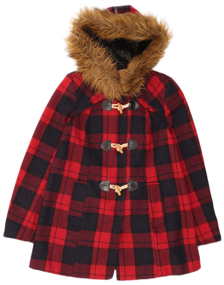 MISS SELFRIDGE Womens Hooded Duffle Jacket UK 6 XS Red Plaid Wool