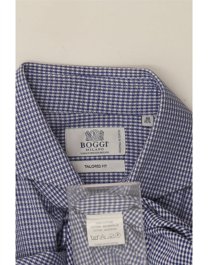 Boggi Mens Shirt Size 40 15 3/4 Medium Blue Gingham Cotton
