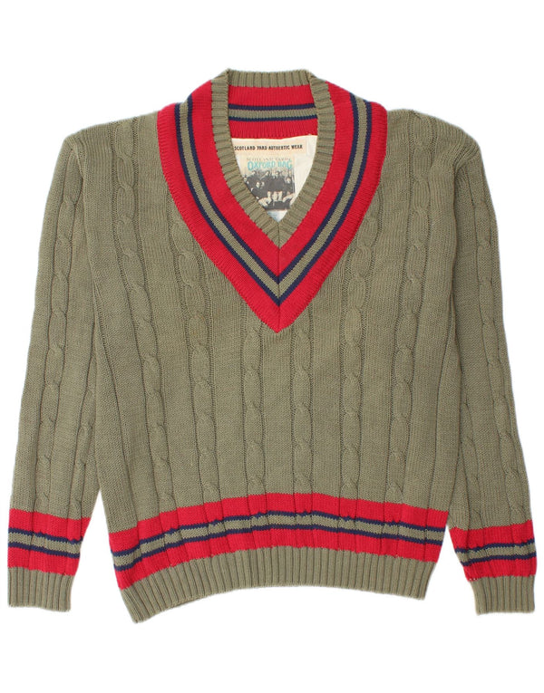 Scotland Yard Mens V-Neck Jumper Sweater Medium Green Striped Cotton
