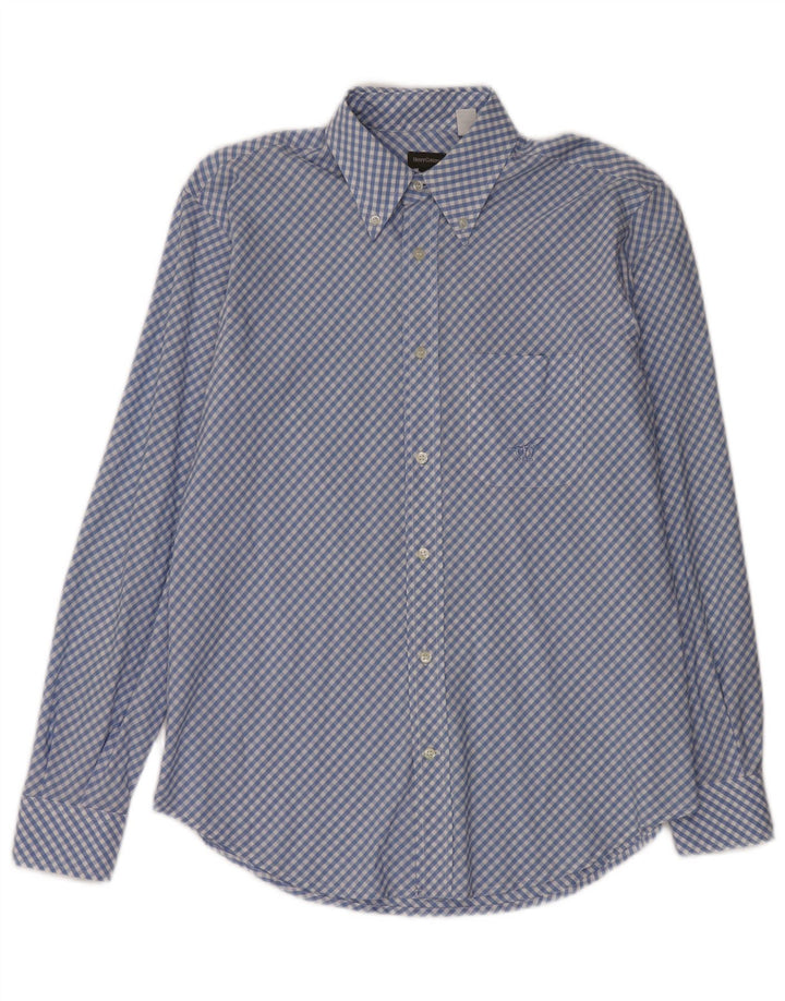 HENRY COTTONS Mens Shirt Size 40 Medium Blue Gingham Cotton