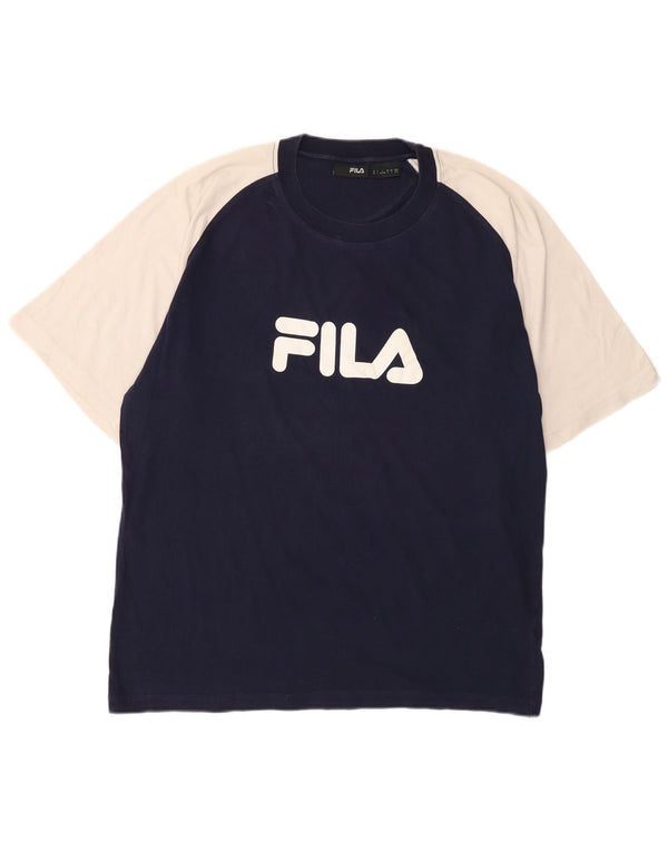 Fila Mens Graphic T-Shirt Top Large Navy Blue Colourblock Cotton