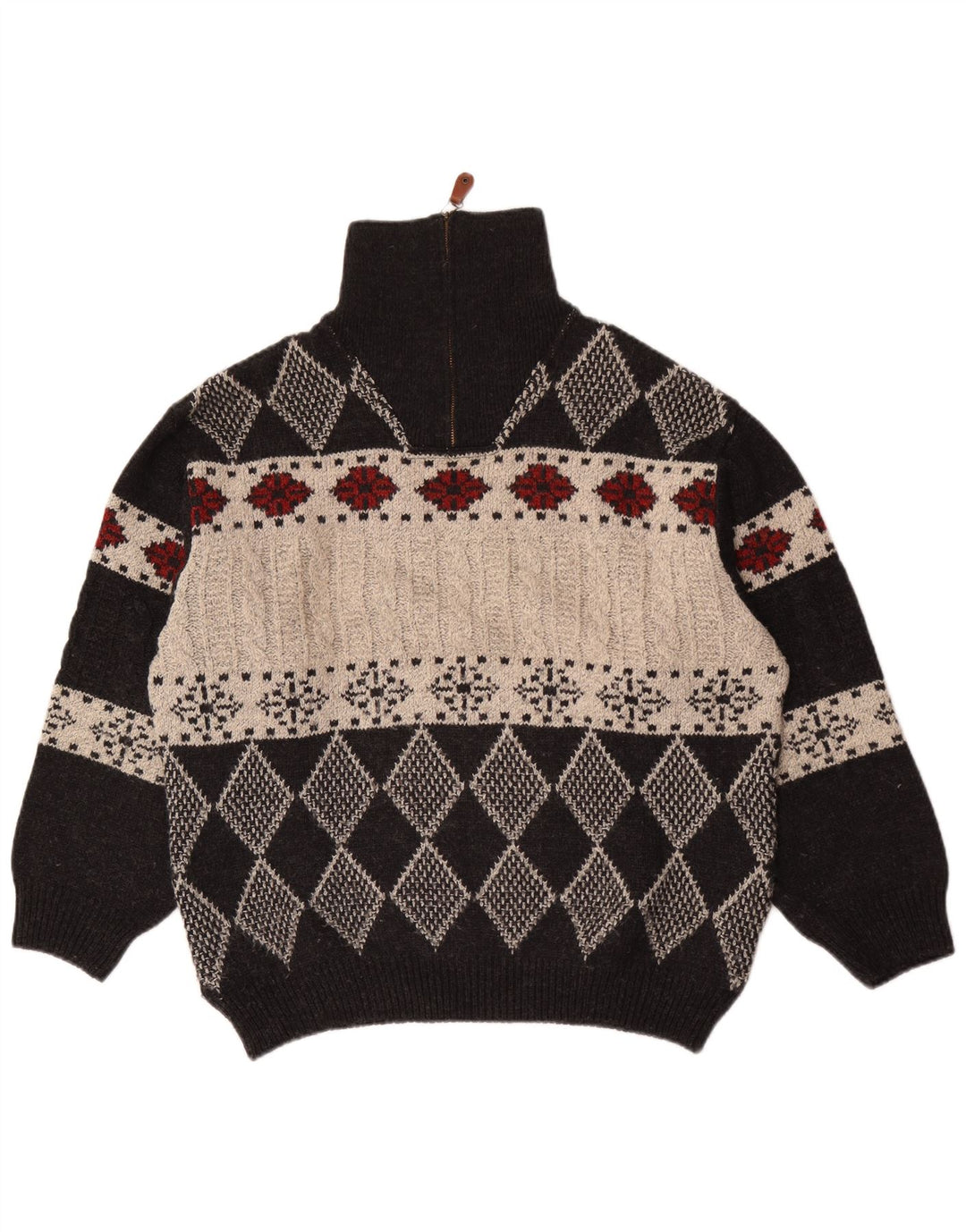 Vintage Mens Zip Neck Jumper Sweater IT 48 Medium Black Argyle/Diamond