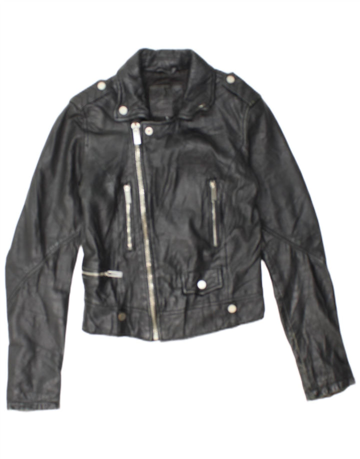 BERSHKA Womens Crop Leather Biker Jacket UK 10 Small Black Leather