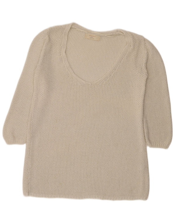 Zara Womens 3/4 Sleeve Crochet V-Neck Jumper Sweater UK 16 Large Off White