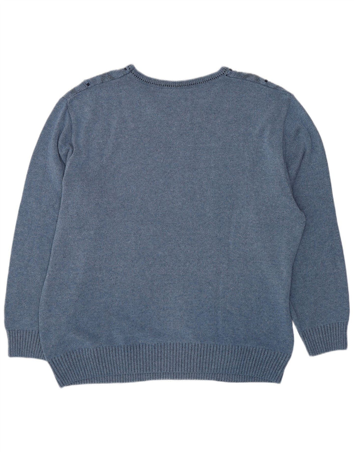 VINTAGE Mens V-Neck Jumper Sweater UK 44 XL Blue Geometric Cotton