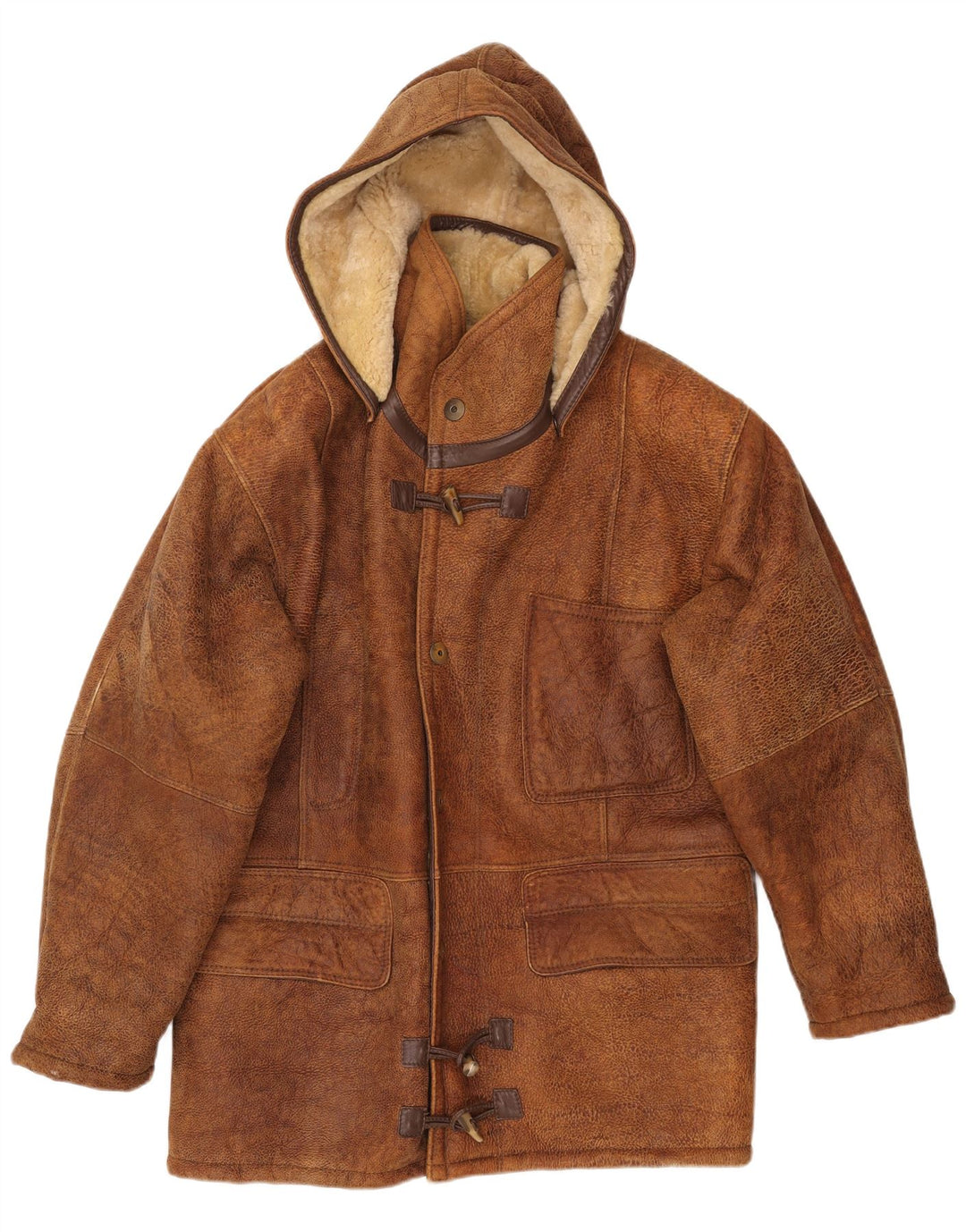 VINTAGE Mens Hooded Shearling Jacket IT 50 Large Brown Shearling