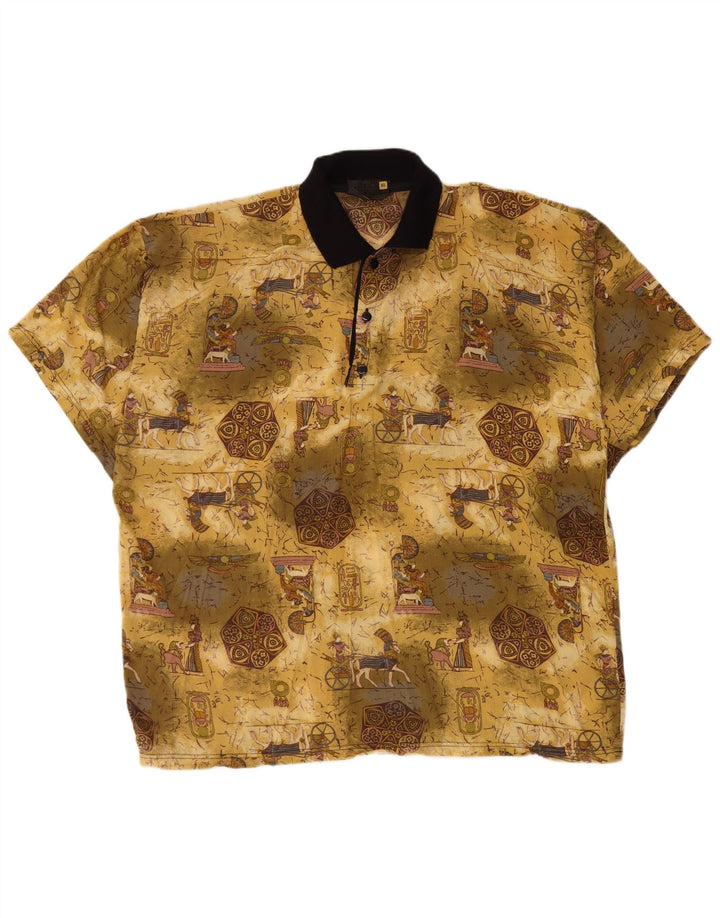 Vintage Mens Abstract Pattern Graphic Polo Shirt XL Yellow Rayon