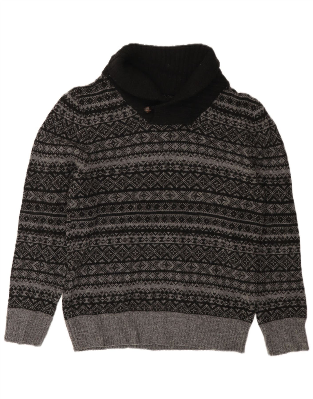 EDDIE BAUER Mens Shawl Neck Jumper Sweater Small Grey Fair Isle Wool