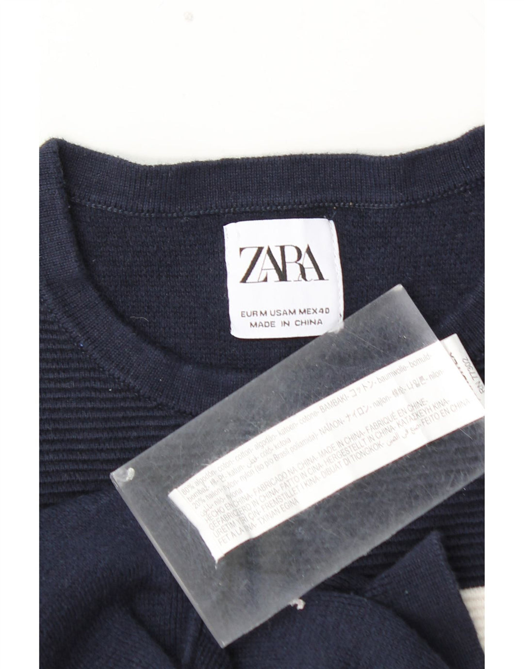 ZARA Mens Crew Neck Jumper Sweater Medium Navy Blue Colourblock Cotton