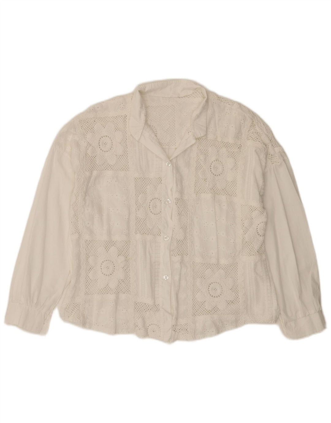 VINTAGE Womens 3/4 Sleeve Shirt Blouse UK 14 Medium White Floral Cotton